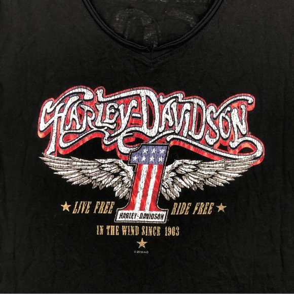 Harley Davidson Tshirt Womens XL Spellout Wing Live Free Ride Free Black Shirt - Picture 2 of 9